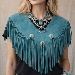 Vintage HB Made USA Suede Leather Fringe Western Yoke Capelet Turquoise
